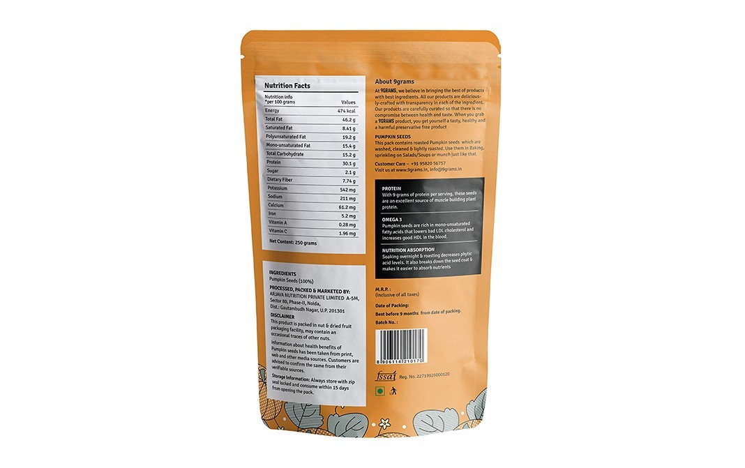 9Grams Sprouted & Crunchy Pumpkin Seeds Unsalted   Pack  250 grams